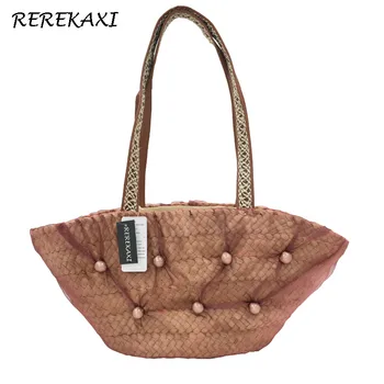 

REREKAXI Straw weaving casual shoulder bags women's handbags ladies retro design handbag with mesh female rattan bag straw bags