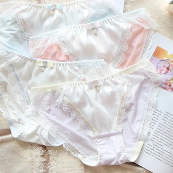 

Big yards Japanese female milk silk chiffon low waist briefs lace non trace sweet underwear ondergoed vrouwen seamless panties