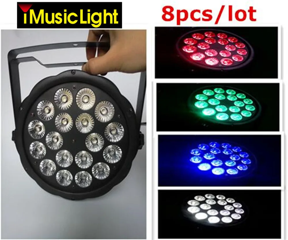

8pcs/Lot High Brightness 18 LEDs 4 in 1 RGBW Projector Party Club DJ Stage Light Flat Par DMX-512 Lighting