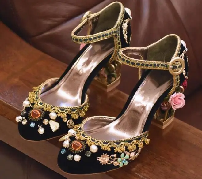 Mary Janes gold sequined rhinestones fretwork heel woman pumps black/blue/wine round toe wedding dress heels cut-outs shoes