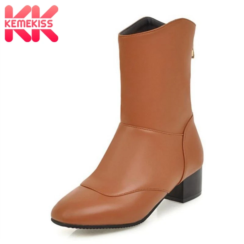 

KemeKiss Plus Size 31-45 Fashion Winter Shoes Women Med Heel Half Short Winter Boots For Women Square Toe Plush Warm Winter Bota