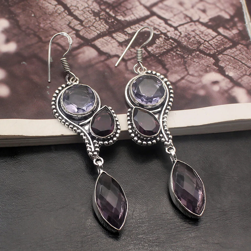 Gushing Vintage Purple Amethyst925 Sterling Silver Color Dangle Earring Women Jewelry Free Shipping 2 7/8 INCH TF489 | Украшения и
