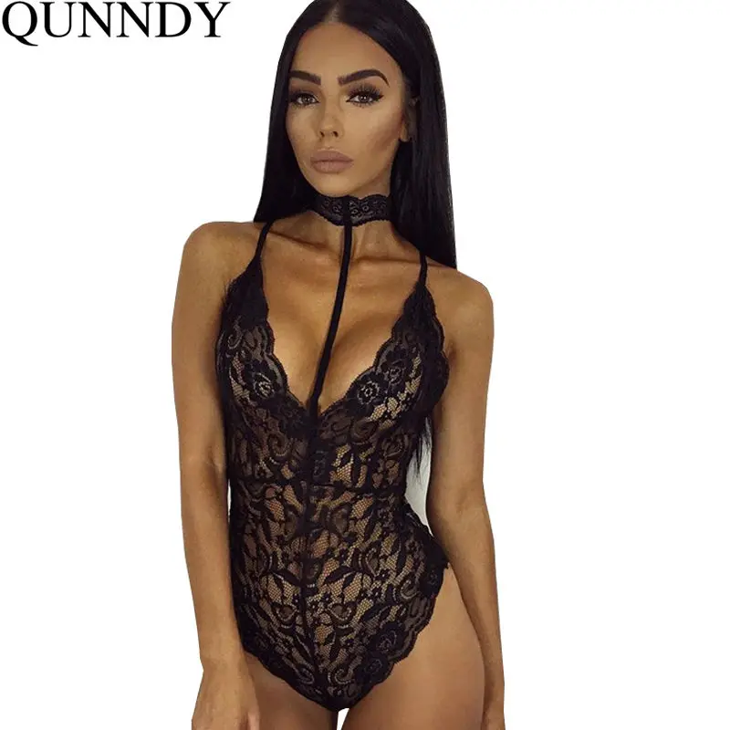 

2017 Halter Lace Bodysuit Women Deep V See Through Mesh Elegant Romper Women Jumpsuit Bodycon Playsuit Sexy Overall