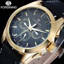 Forsining fashion brand men automatic mechanical watch men’s gold casual wristwatches genuine leather calendar 24 H clock