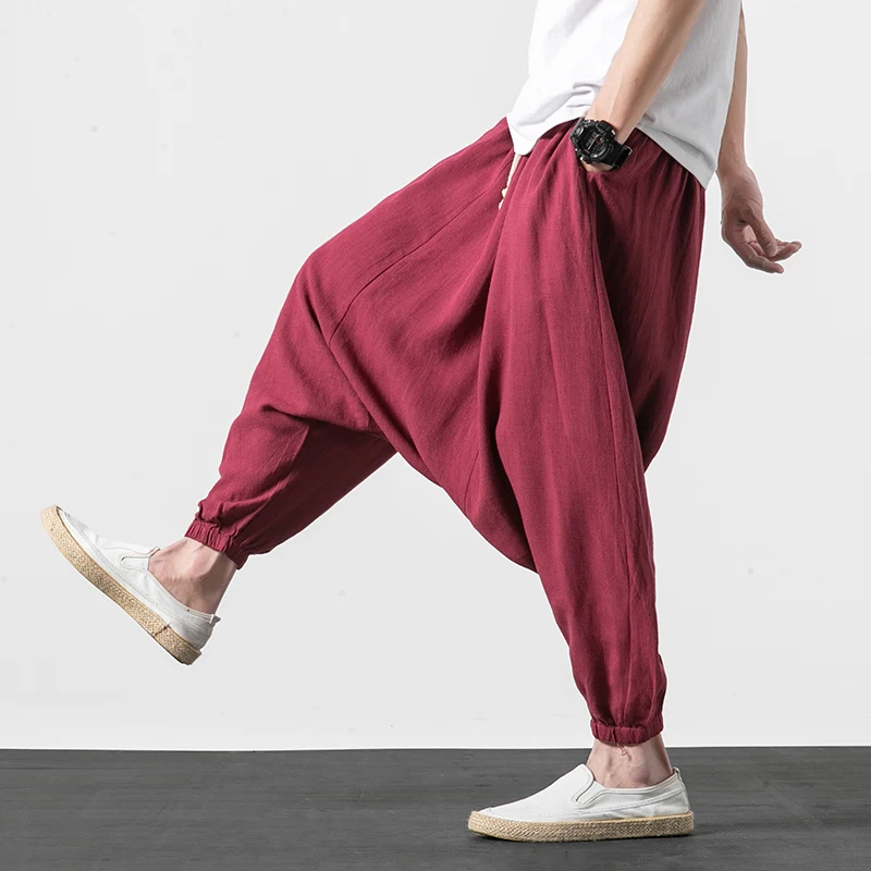 Летние мужские свободные шаровары в стиле хип-хоп с заниженным шаговым швом, широкие длинные брюки, мужские брюки в китайском стиле, крестовые брюки на завязках льняные штаны