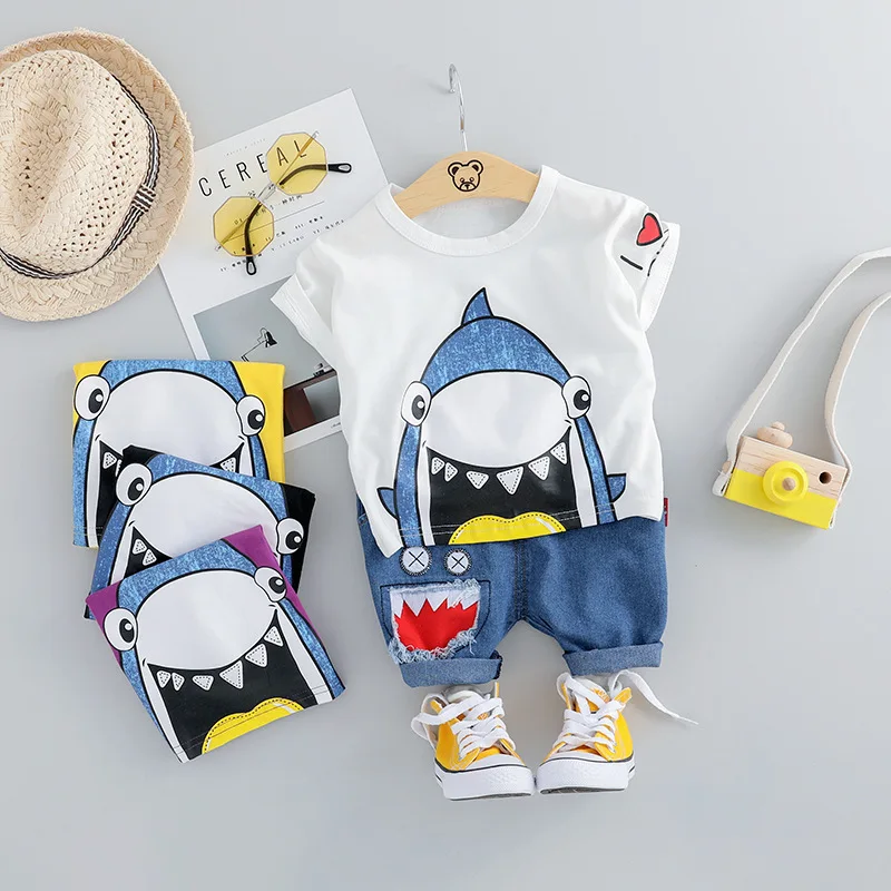 Синий комплект одежды для маленьких мальчиков с акулой, лето г. Новые Модные хлопковые комплекты одежды для мальчиков, рубашки+ брюки, детская одежда для мальчиков