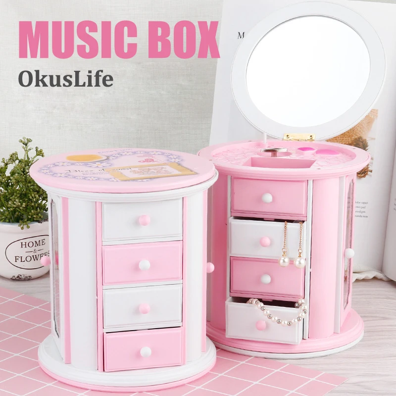 

3 layers Girls Music Box Cartoon Drawers Storage Box with Mirror Jewelry Container Necklace Ring Organizer Design Doors