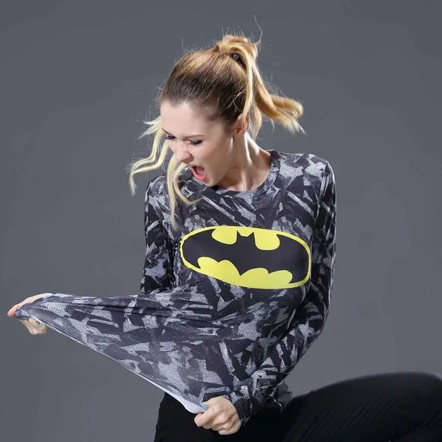 Женская футболка боди костюм Марвел Супермен/Бэтмен футболка с длинным рукавом Девушка фитнес колготки компрессионные футболки размера плюс - Цвет: Серый