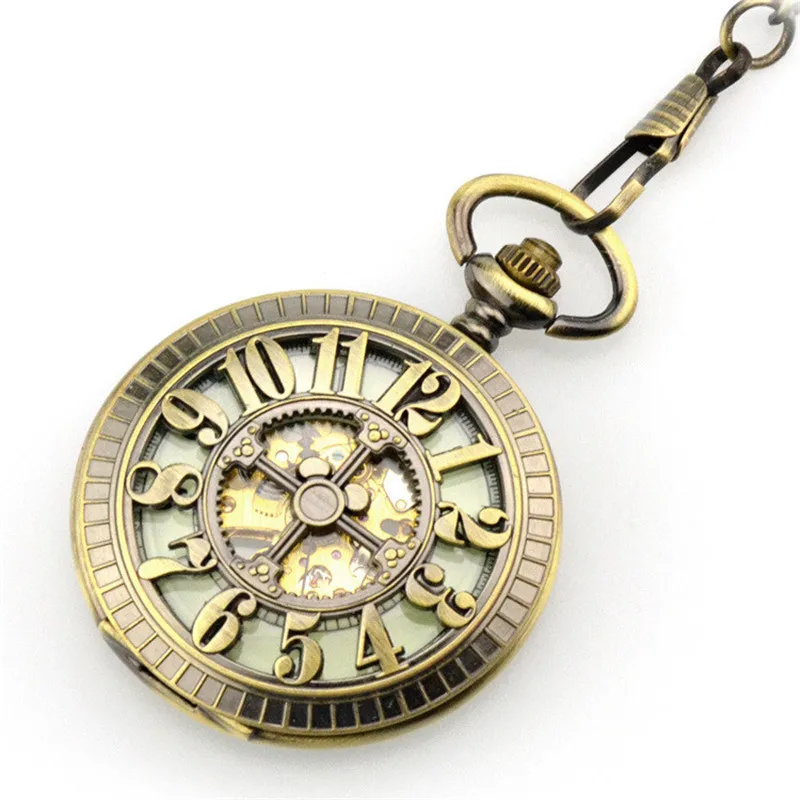 Relógio de Bolso Mão dos Homens do Vintage Bronze Esqueleto Automático Mecânico Vento Relógio Grande Número Colar & Fob Presente Oco