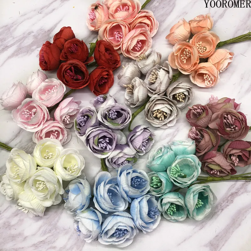 YOOROMER 6 pieces 3.2cm rose flower head silk Artificial Flowers For Wedding Decoration DIY Decorative Wreath Fake Flowers