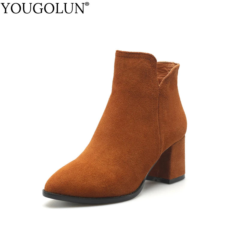 

YOUGOLUN Women Ankle Boots Nature Suede Autumn 2018 New Lady Pointed toe Shoes Woman Green Brown Black High Thick Heels #B028