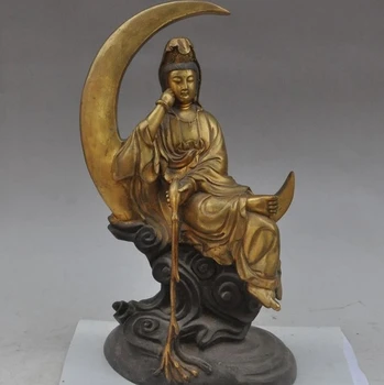 

13" china buddhism bronze gilt seat moon Kwan-Yin Bodhisattva Goddess god statue