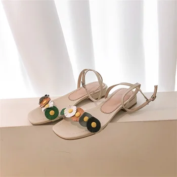 

Women's Sandals Real Leather Fabric Buckle Flower Decoration Summer Open Toe Fashionable Shoes Women Sandals
