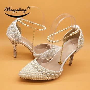 

Love Moments Pointed toe White pearl rhinestone wedding shoes 7cm/9cm thin heels shoes fashion bridal shoes female party sandals