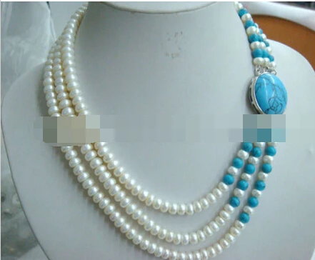 

FREE SHIPPING>>>@@ > 0425 3row white freshwater pearl and turquoise necklace