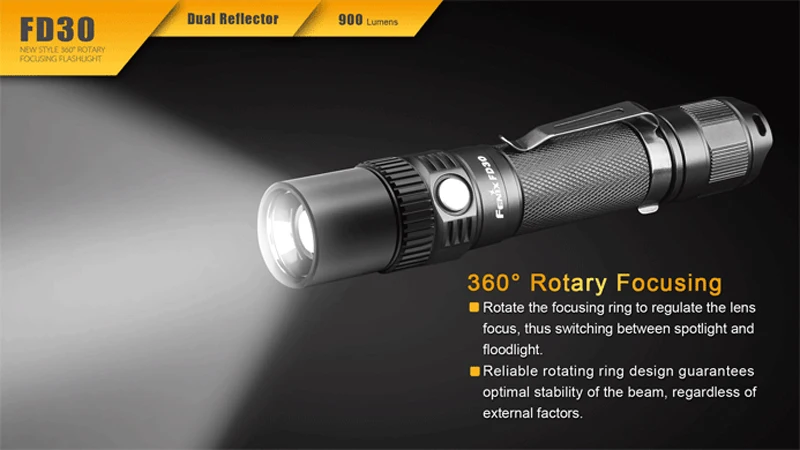 Вращающийся на 360 градусов стиль Fenix FD30 900 люменов CREE XP-L светодиодный фонарик с двойным отражателем