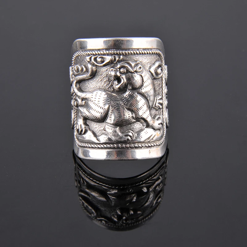 

999 Silver Ring FINE SILVER tiger handmade retro antique enamel Shaolan ring