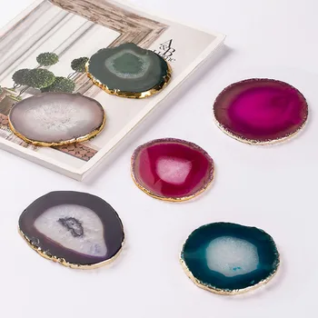

Natural Agate Piece Gold Edge Coaster Coffee Cup Pad Jewelry Display Support Size 8~10cm