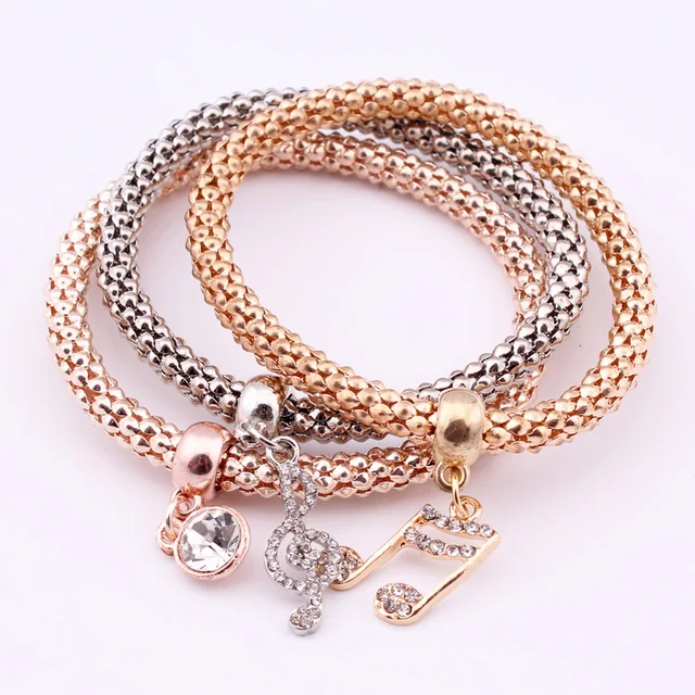 Hot 3pcs Set Crystal Music Bracelets Rhinestone Charm Gold Color Hot 3pcs Set Crystal Music Bracelets Rhinestone Charm Gold Color Heart Party Jewellery Bangles For