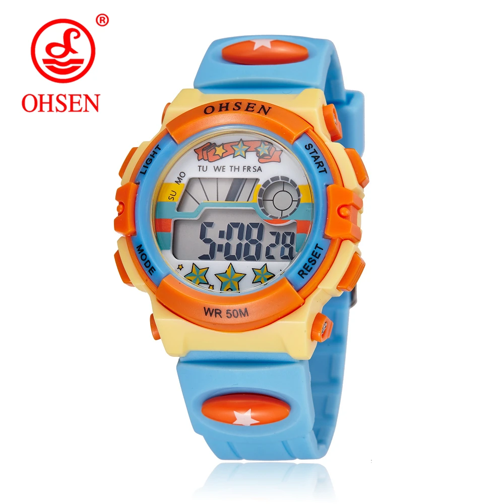 OHSEN оригинальный бренд дети мальчики цифровые наручные ЖК часы светло-голубой силиконовый ремешок дети электронные 50 м водонепроницаемые