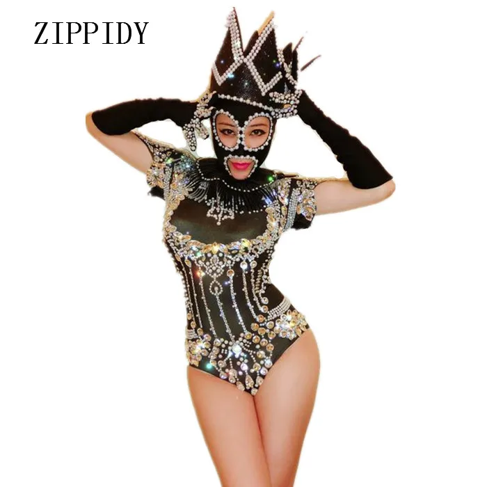 Performance de Palco Bling Cristais Sparkly Diamantes Headpiece Bodysuit Roupa Sexy Mulheres Traje Cantor Desgaste Aniversário Oco