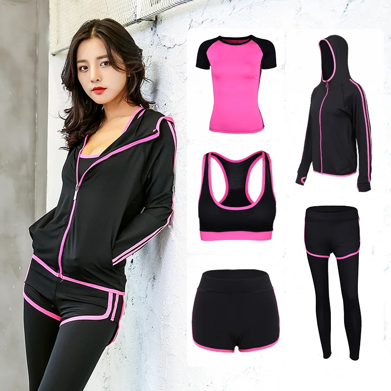 

2018 Yoga Set Sport Jacket+Tights Pants+Short+Yoga Shirt+Sports Bras 5 Pieces Running Sportswear Tracksuit Fitness Gym Clothing
