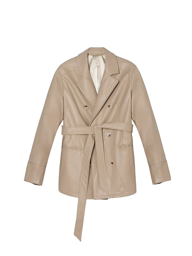 Весенние новые модные брендовые кожаные куртки отличного качества женские двубортные локомотивные Куртки из искусственной кожи с поясом wq1331 - Цвет: apricot
