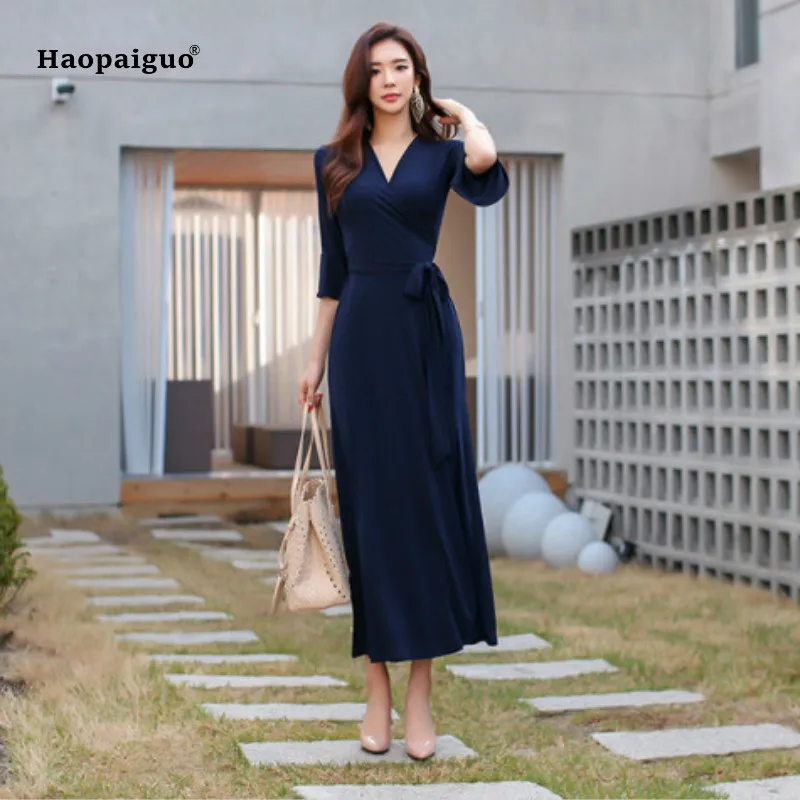 Прямое платье размера плюс, Осеннее женское синее платье с расклешенными рукавами и v-образным вырезом, элегантное офисное платье длиной до щиколотки, винтажные корейские платья
