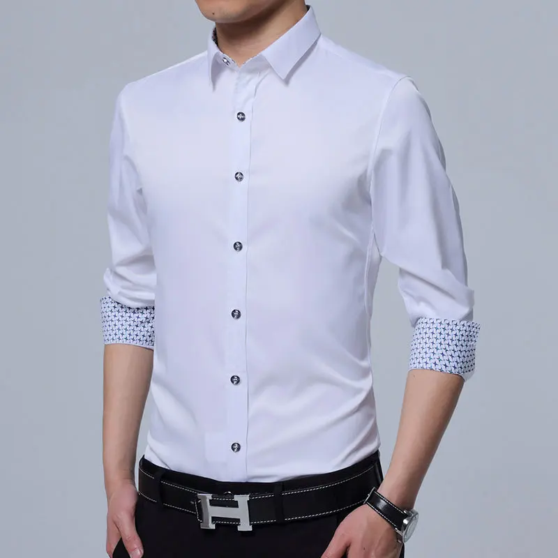Новинка 4XL мужские рубашки с длинным рукавом, Весенняя мода, облегающая, эластичная, деловая, Повседневная рубашка, Мужская брендовая одежда Camisa Masculina BE219 - Цвет: Белый