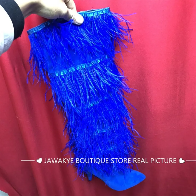 Kidesuede синий сапоги черного цвета для женские на высоком каблуке для подиума бахрома ботинки с высоким голенищем и бахромой взлетно-посадочной полосы дизайн пинетки Mujer