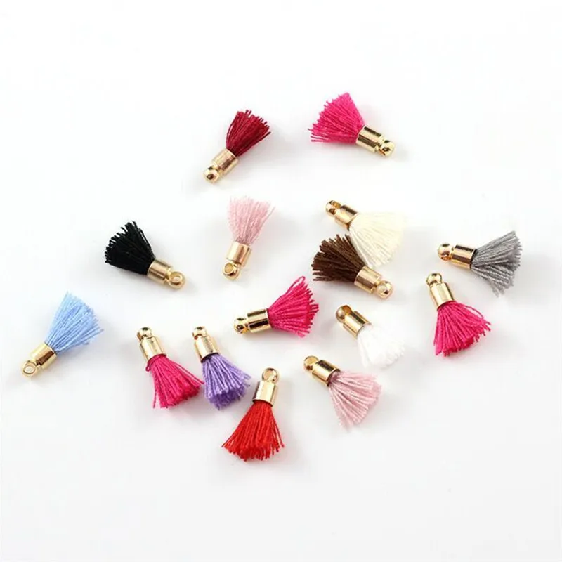 

20pcs/lot wholesale 15mm small cotton Tassels with gold caps Charms Pendant silk mini tassels for Findings jewelry making DIY