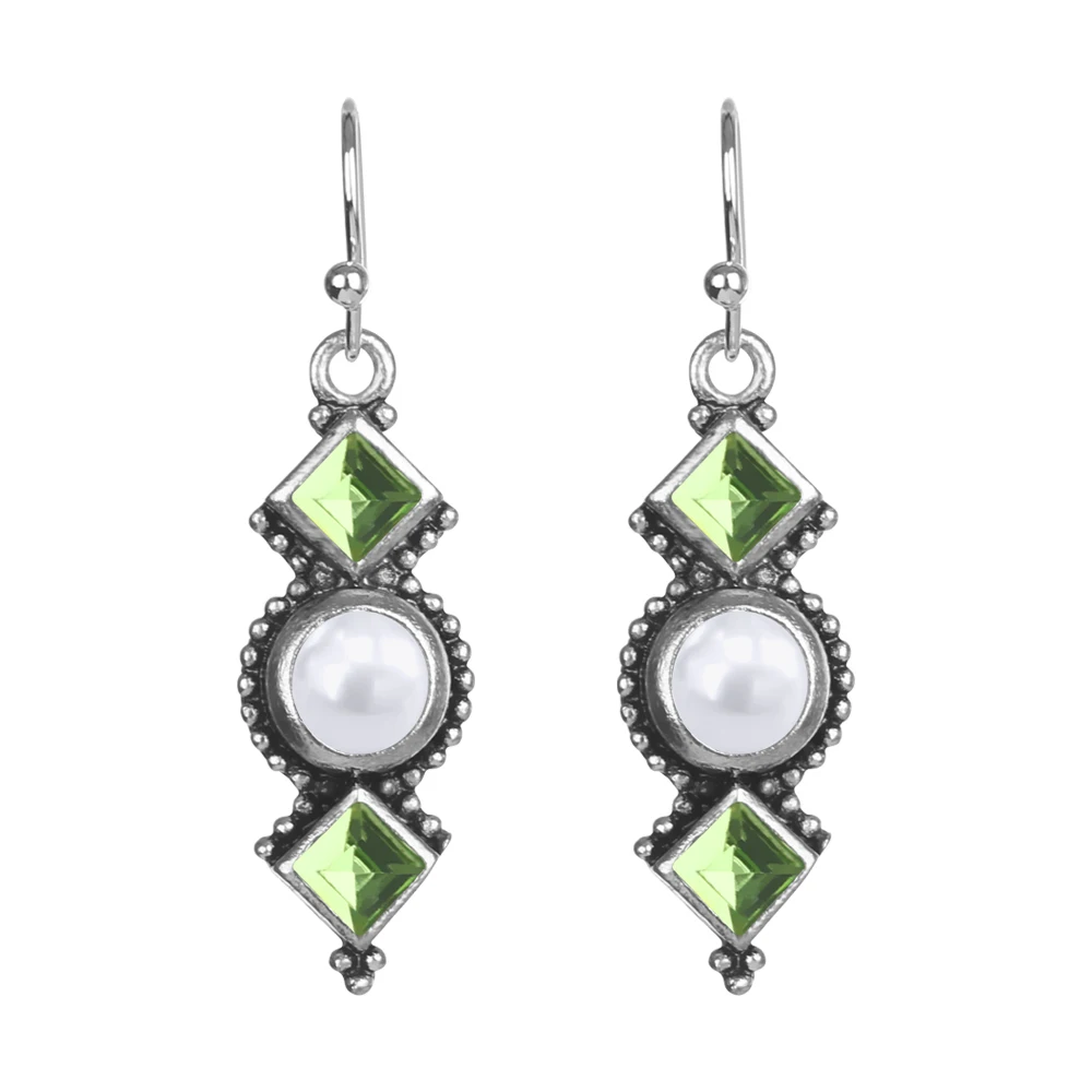 

Silver Plated Women Vintage Elegant Pearl Earrings Square Drill Green Eardrop Jewelry Dangle Fashion Moonstone Drop Earrings