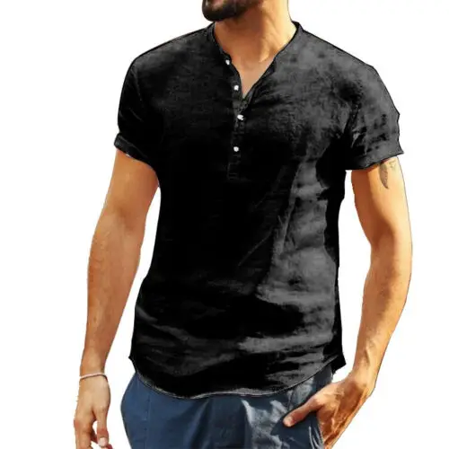 

Mens Casual Loose Solid T Shirts V Neck Linen Breathable Loose Summer Wear Tee Tops Black Blue Pink White