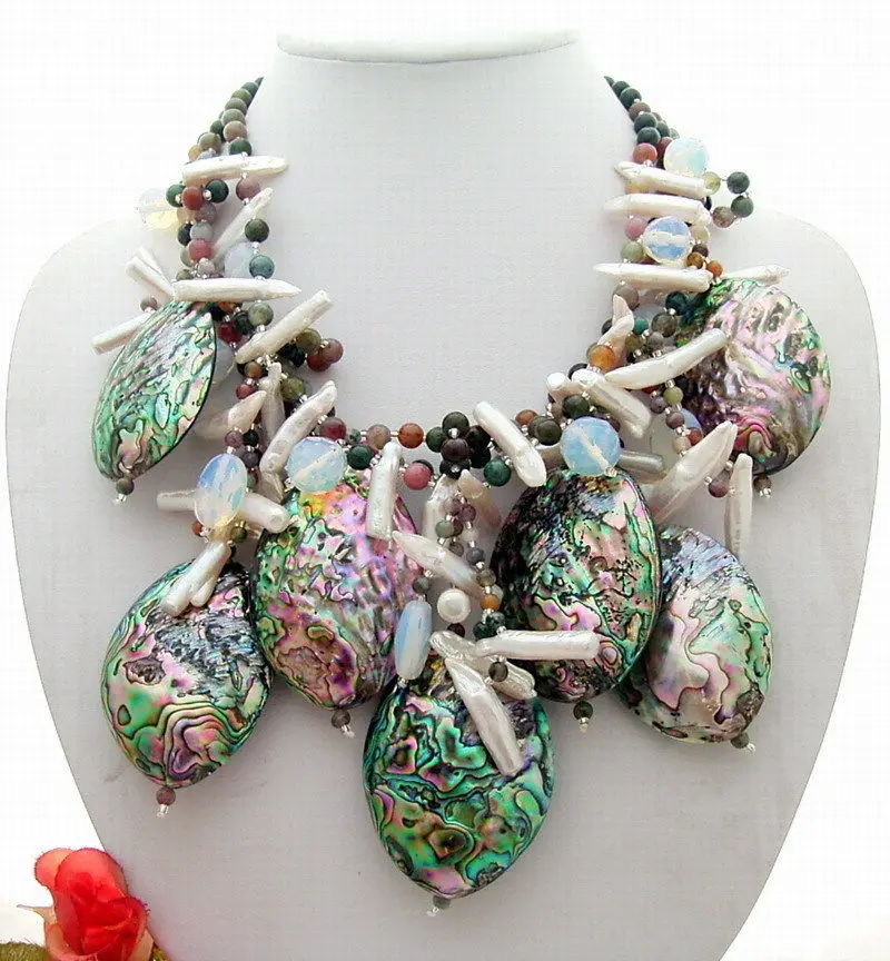 

18" 3Strands Pearl Stone Abalone Shell Necklace