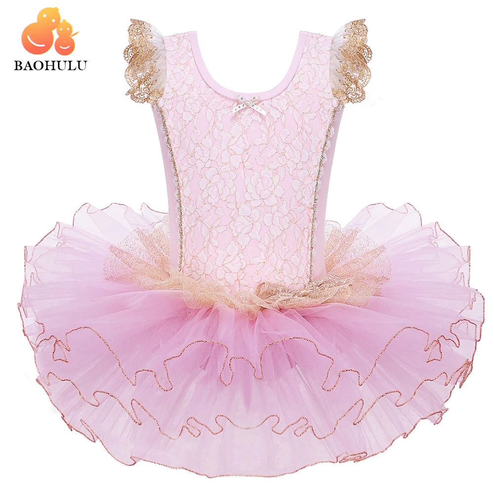 BAOHULU Fancy Toddler Little Girls Ballet Dance Wear Pink Short Sleeve Gold Border Princess Birthday Gift Children Kids Clothes |