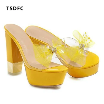 

New PVC Jelly Sandals Crystal Open Toed Sexy Square Heels plus size 43 Women Transparent Heel Sandals Slippers Pumps