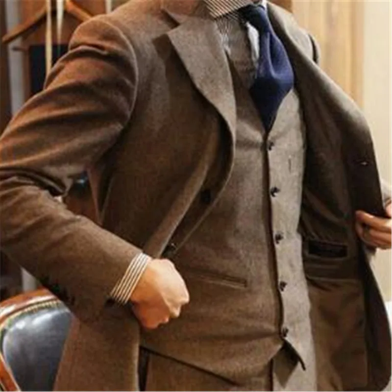 

New Arrival Brown Tweed Men Suit 3Pieces(Jacket+Pants+Vest+Tie) Costume Homme Trajes De Hombre Tuxedo Suit Men Blazer 625
