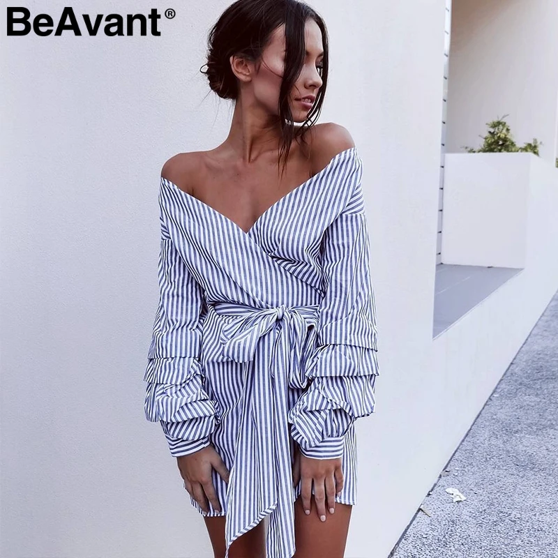 

BeAvant Off shoulder stripe wrap sexy dress Women long lantern sleeve summer dress vestidos Elegant bow belt plaid short dress