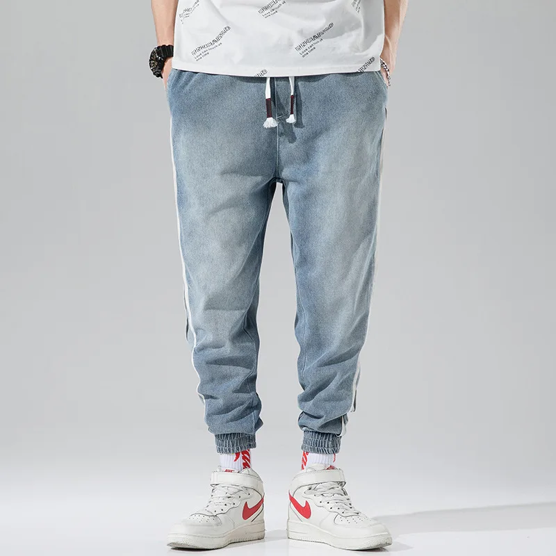 Модная уличная одежда, мужские джинсы синего цвета с полосками по бокам, дизайнерские штаны-шаровары с низкой посадкой, японский стиль, хип-хоп джинсы для бега, мужские джинсы