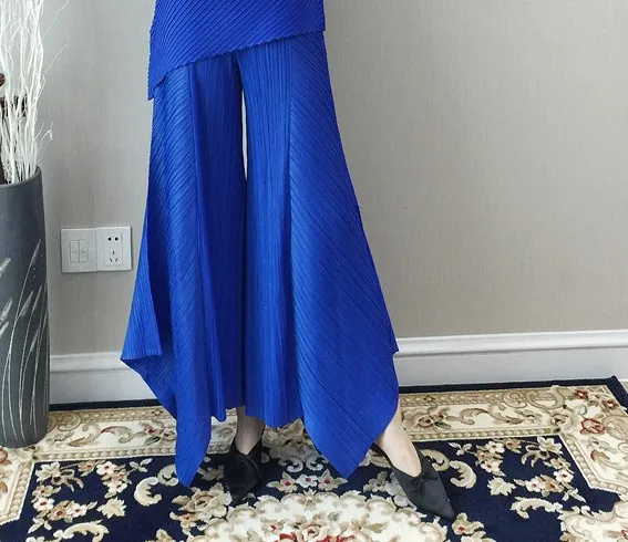 Летние брюки miyake плиссированные повседневные брюки Необычные Свободные женские брюки - Цвет: Синий