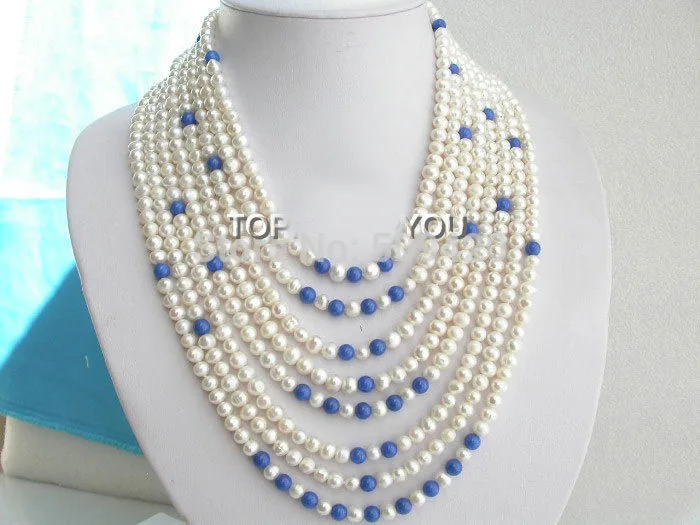 

W&O655 >Stunning! 8rows white freshwater pearls Lapis Lazuli necklace 925SS