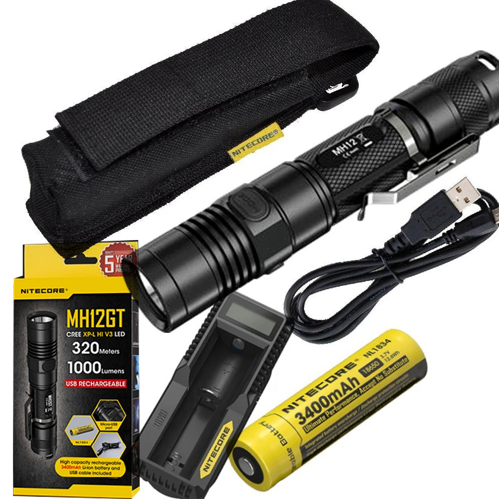 Nitecore 1000 LM mh12gt XP-L Hi V3 светодиодный USB Перезаряжаемые фонарик поиск спасения Портативный Факел + 3400 мАч батарея + чехол + K1