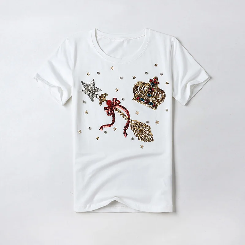 IZEVUS летняя футболка высокого качества Женская тонкая футболка с принтом бриллиантов графическая Футболка женская футболка с коротким рукавом женский топ - Цвет: white
