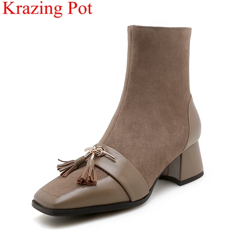 

Krazing Pot 2018 new big size fringe genuine leather brand zipper square toe Winter shoes metal elegant women ankle boots L41