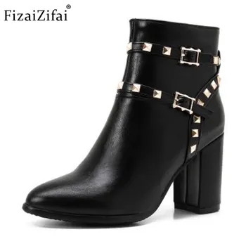 

Coolcept Size 34-44 Sexy Lady High Heel Boots Women Rivet Pointed Toe Ankel Strap Thick Heel Boot Winter Warm Soft Botas Mujer