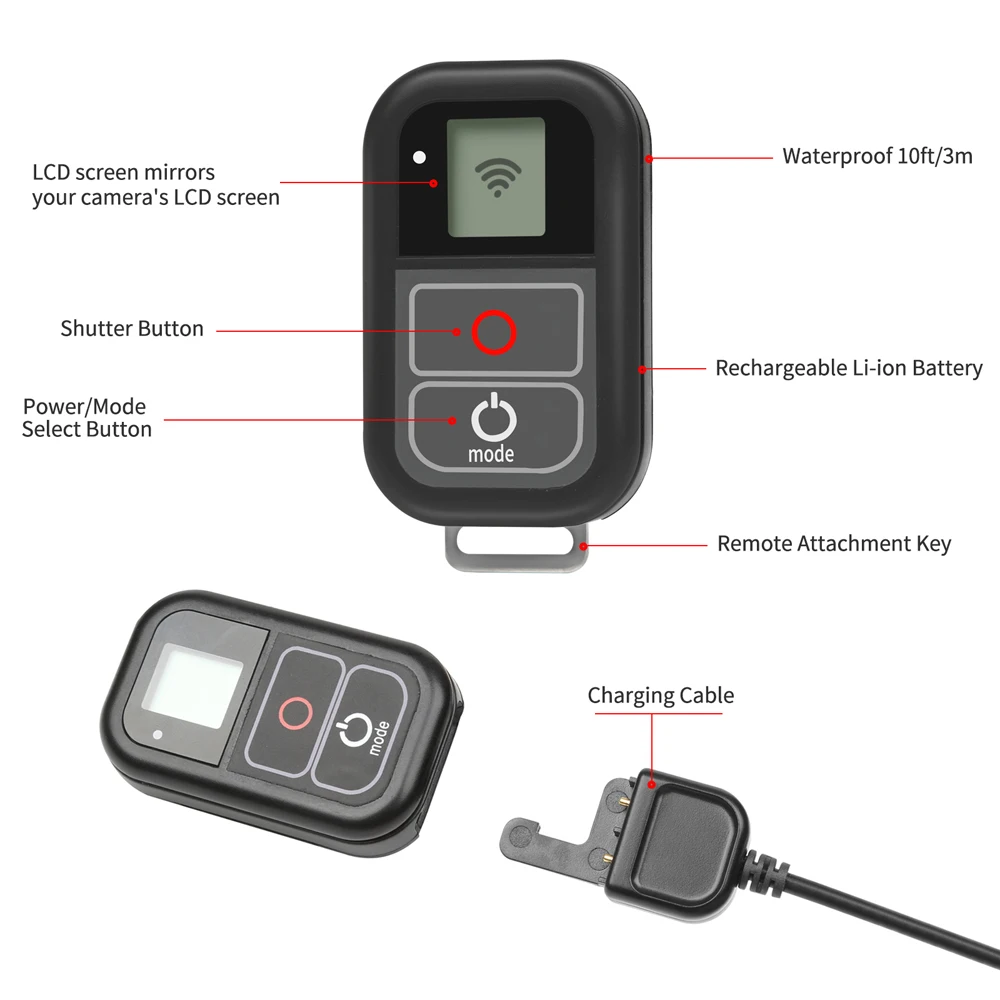 SHOOT para GoPro 8 WiFi Control remoto con Cable cargador correa de muñeca a prueba de agua remoto para GoPro Hero 7 6 5 negro 4 3 accesorio - 2