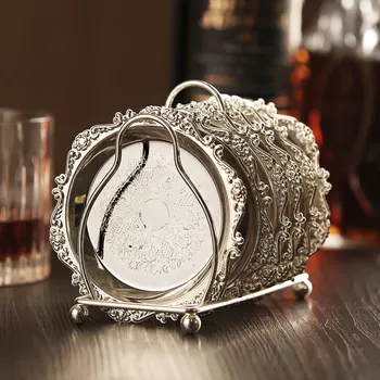 

6pcs mat + 1pcs holder Wood Coasters Table Cup Mat Kitchen Mat Pad For Bar Cocktail For Table Black Water Proof Stainless Steel