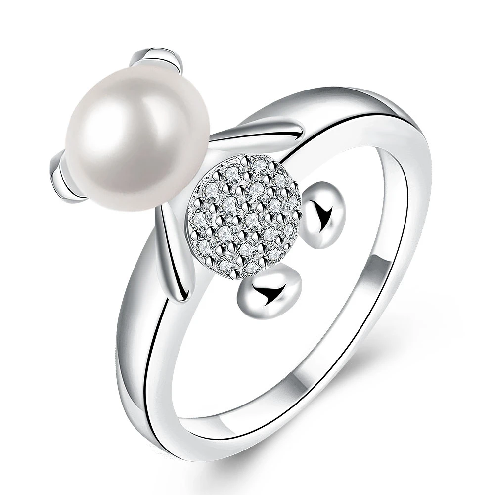 

2017 New Arrival Women's Imitation Pearl Ring Fashion Silver Plated Austria Crystal Jewelry Cute Mini Bear Ring Men Size 7 8