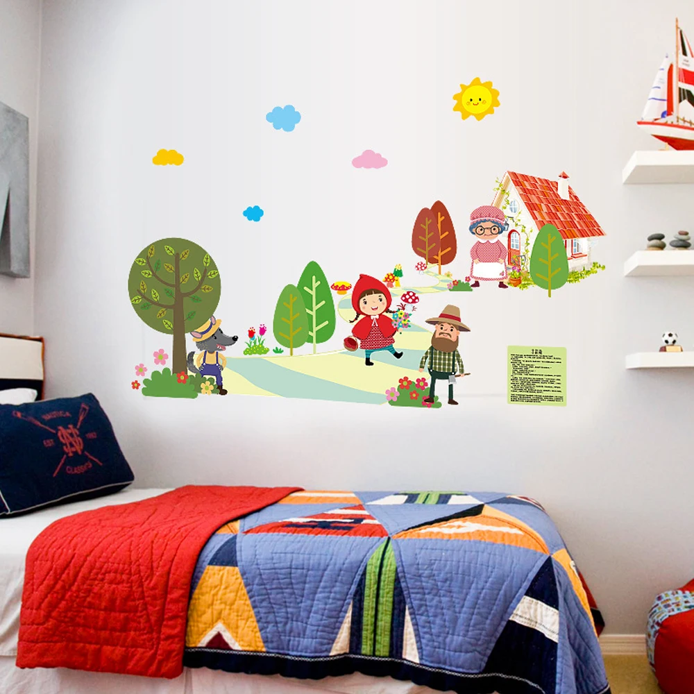 Childrens Room BoysBedroom Wall Decoration Wall Painting Kindergarten Classroom Cute Animal Cartoon Sticker,Little Red Riding Hood,large