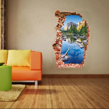 

Breaken Wall 3D Wall Stickers Colorful Pond Home Decoration living room background Mountain Scenery Broken Hole The Door Sticker